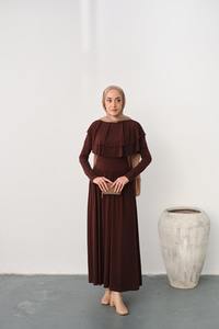 Omuz Fırfır Detay Elbise Kahverengi