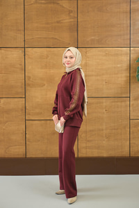 Omuz Gold Drop Detay Önü Cepli Fermuar Detay Takım Bordo