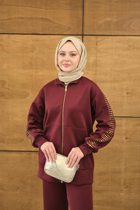 Omuz Gold Drop Detay Önü Cepli Fermuar Detay Takım Bordo