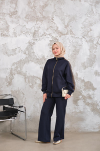 Omuz Gold Drop Detay Önü Cepli Fermuar Detay Takım Lacivert