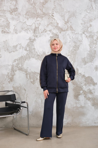 Omuz Gold Drop Detay Önü Cepli Fermuar Detay Takım Lacivert