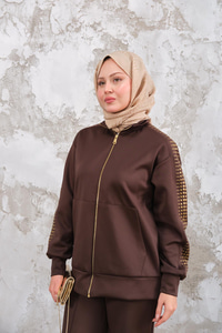 Omuz Gold Drop Detay Önü Cepli Fermuar Detay Takım Kahverengi