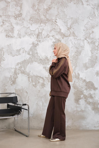 Omuz Gold Drop Detay Önü Cepli Fermuar Detay Takım Kahverengi