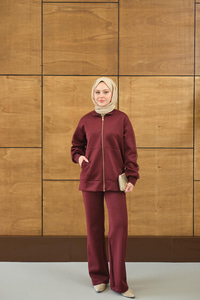 Omuz Gold Drop Detay Önü Cepli Fermuar Detay Takım Bordo