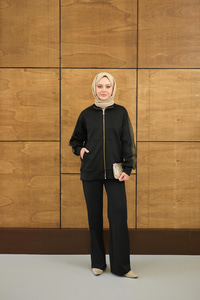 Omuz Gold Drop Detay Önü Cepli Fermuar Detay Takım Siyah