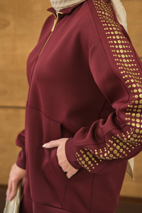 Omuz Gold Drop Detay Önü Cepli Fermuar Detay Takım Bordo