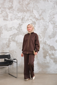 Omuz Gold Drop Detay Önü Cepli Fermuar Detay Takım Kahverengi