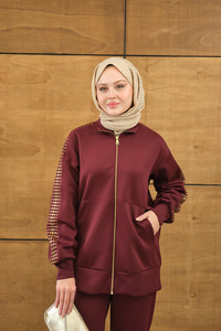 Omuz Gold Drop Detay Önü Cepli Fermuar Detay Takım Bordo