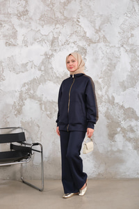 Omuz Gold Drop Detay Önü Cepli Fermuar Detay Takım Lacivert