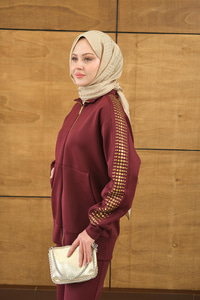 Omuz Gold Drop Detay Önü Cepli Fermuar Detay Takım Bordo