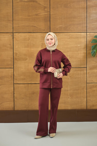 Omuz Gold Drop Detay Önü Cepli Fermuar Detay Takım Bordo