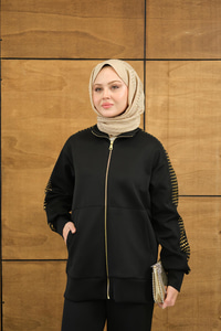 Omuz Gold Drop Detay Önü Cepli Fermuar Detay Takım Siyah