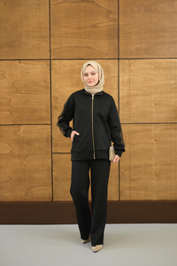 Omuz Gold Drop Detay Önü Cepli Fermuar Detay Takım Siyah