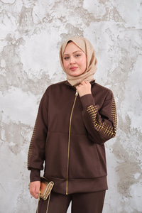 Omuz Gold Drop Detay Önü Cepli Fermuar Detay Takım Kahverengi