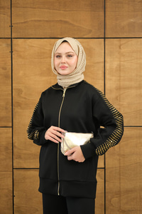 Omuz Gold Drop Detay Önü Cepli Fermuar Detay Takım Siyah