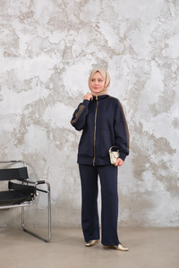 Omuz Gold Drop Detay Önü Cepli Fermuar Detay Takım Lacivert