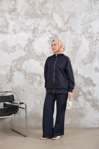 Omuz Gold Drop Detay Önü Cepli Fermuar Detay Takım Lacivert