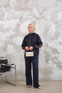 Omuz Gold Drop Detay Önü Cepli Fermuar Detay Takım Lacivert