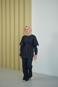 Omuz Pelerin Detay İkili Takım Lacivert