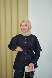 Omuz Pelerin Detay İkili Takım Lacivert