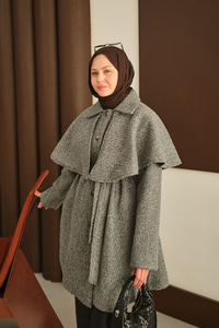 Omuz Pelerinli Peluş Kaşe Kaban Gri