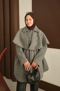 Omuz Pelerinli Peluş Kaşe Kaban Gri