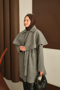 Omuz Pelerinli Peluş Kaşe Kaban Gri