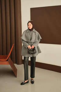 Omuz Pelerinli Peluş Kaşe Kaban Gri