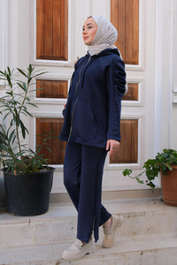 Omuz Pileli Kapüşonlu İkili Takım Lacivert