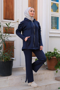 Omuz Pileli Kapüşonlu İkili Takım Lacivert