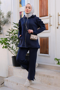 Omuz Pileli Kapüşonlu İkili Takım Lacivert
