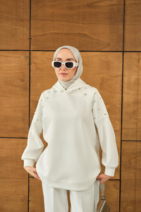 Omuz Taş Detay Kapüşonlu Takım Beyaz