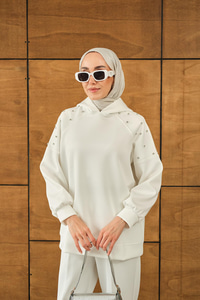 Omuz Taş Detay Kapüşonlu Takım Beyaz