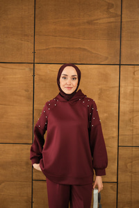 Omuz Taş Detay Kapüşonlu Takım Bordo