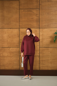 Omuz Taş Detay Kapüşonlu Takım Bordo