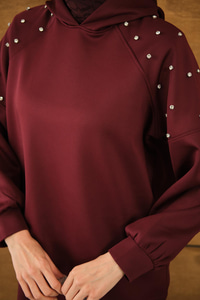 Omuz Taş Detay Kapüşonlu Takım Bordo