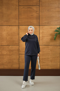 Omuz Taş Detay Kapüşonlu Takım Lacivert