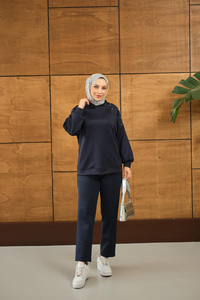 Omuz Taş Detay Kapüşonlu Takım Lacivert