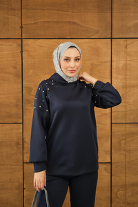 Omuz Taş Detay Kapüşonlu Takım Lacivert