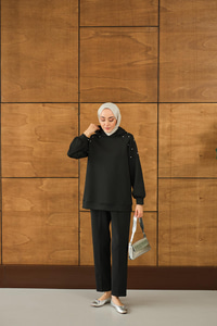 Omuz Taş Detay Kapüşonlu Takım Siyah