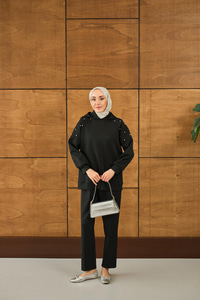 Omuz Taş Detay Kapüşonlu Takım Siyah