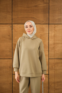 Omuz Taş Detay Kapüşonlu Takım Yeşil