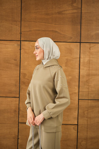 Omuz Taş Detay Kapüşonlu Takım Yeşil