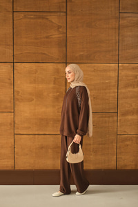 Omuz Taş Detay Takım Kahverengi