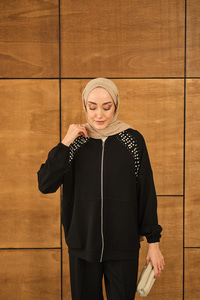 Omuz Taş Detay Takım Siyah