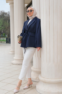 Omuz Vatkalı Çizgili Ceket Lacivert