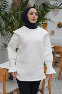 Omuz Vatkalı Oversize Sweat Beyaz