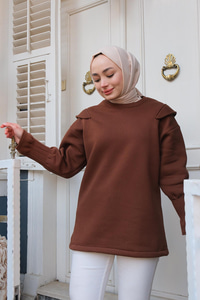 Omuz Vatkalı Oversize Sweat Kahverengi