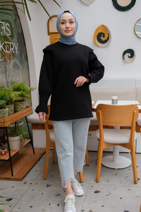 Omuz Vatkalı Oversize Sweat Siyah