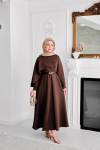 Omuzdan Şallı Scuba Elbise Kahve